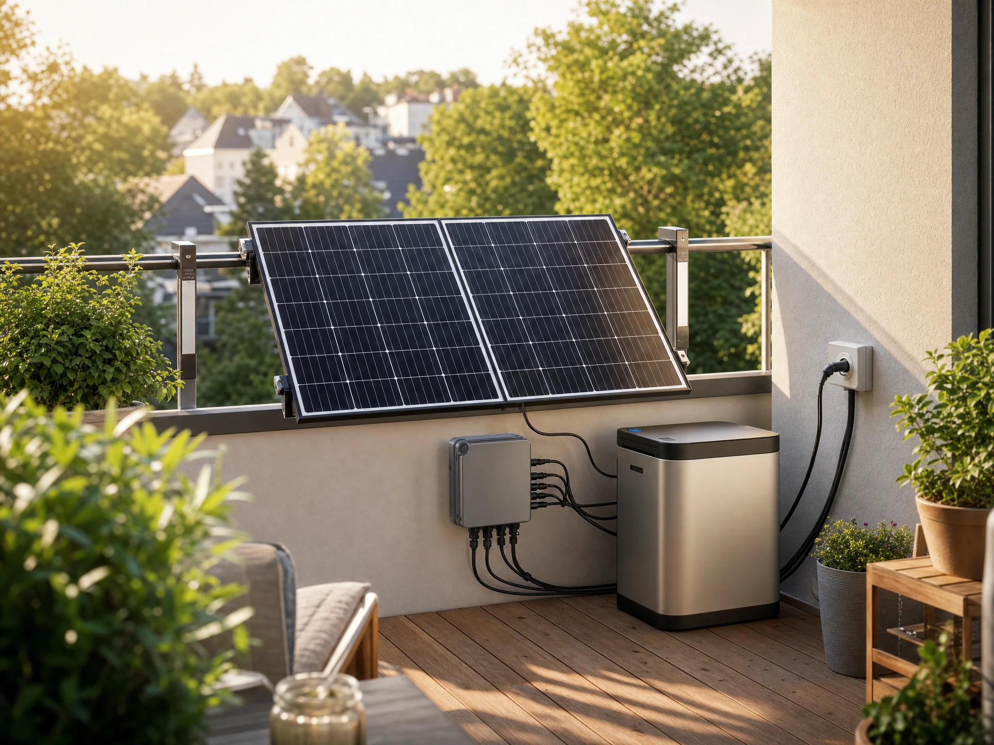 Ein bifaziales Solarmodul in einer schwarzen Aluminium-Halterung an einem Metall-Balkongeländer, dahinter blauer Himmel — Sinnbild für die Kleines Kraftwerk Halterung.