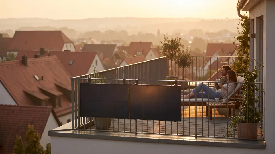 Balkonkraftwerk am Geländer eines Balkons im Abendlicht, Blick über die Dächer einer deutschen Kleinstadt