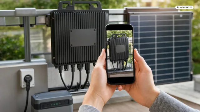 Laptop mit dem geöffneten Marktstammdatenregister auf einem hellen Tisch, dahinter ein Solarmodul an der Fensterfront — die Anmeldepflicht für ein Balkonkraftwerk erfüllt man online in einer Viertelstunde.