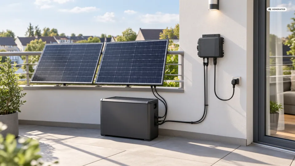Marstek B2500-D Anschlussplan: Zwei Solarmodule hängen am Balkongeländer, darunter steht auf den Fliesen ein dunkler, kastenförmiger Speicher. Zwei Kabel führen von ihm zu einem flachen Wechselrichter an der Hauswand, ein weiteres Kabel geht zur Steckdose — Sinnbild, kein Produktfoto.