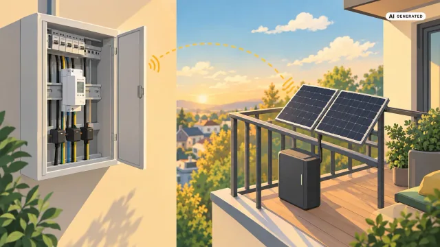 Marstek B2500 Smart Meter: Links ein geöffneter Zählerschrank mit einem schmalen weißen Messgerät auf der Hutschiene und drei Klammern um die Leitungen, rechts auf dem Balkon ein dunkler Speicher unter zwei Solarmodulen. Eine gestrichelte Linie zwischen beiden steht für die Verbindung im Heimnetz — Sinnbild, kein Produktfoto.