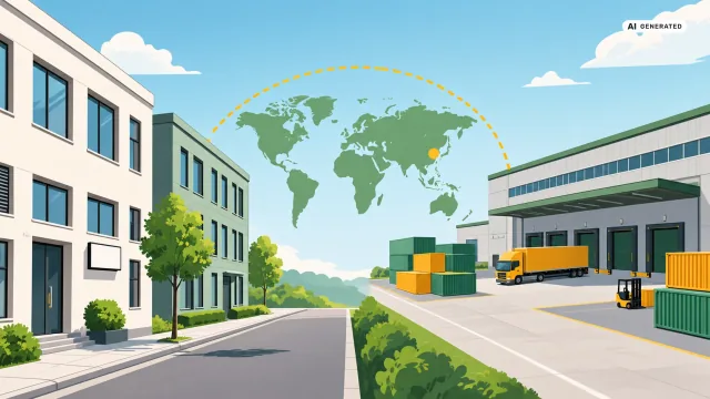 Ist Marstek eine deutsche Firma: Links eine ruhige Bürostraße mit hellen Bürogebäuden und einem leeren Firmenschild neben der Eingangstür, rechts eine Logistikhalle mit grünen und gelben Containern, einem Lkw und einem Gabelstapler. Darüber spannt sich eine gestrichelte Linie über eine stilisierte Weltkarte mit einem gelben Punkt in Ostasien — Sinnbild für eine deutsche Gesellschaft mit Mutterfirma in China.