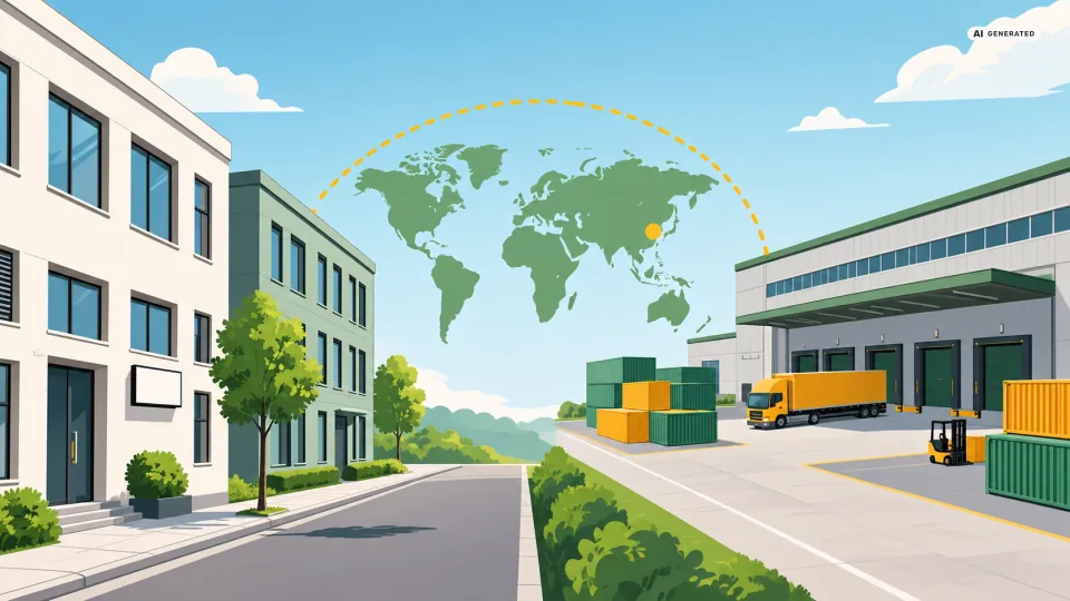 Ist Marstek eine deutsche Firma: Links eine ruhige Bürostraße mit hellen Bürogebäuden und einem leeren Firmenschild neben der Eingangstür, rechts eine Logistikhalle mit grünen und gelben Containern, einem Lkw und einem Gabelstapler. Darüber spannt sich eine gestrichelte Linie über eine stilisierte Weltkarte mit einem gelben Punkt in Ostasien — Sinnbild für eine deutsche Gesellschaft mit Mutterfirma in China.