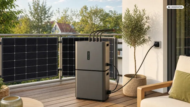 Ein Marstek Jupiter C Plus als Balkonspeicher auf einer Terrasse, darauf ein zweiter Akkublock gestapelt, vier Solarkabel führen in das Gerät.