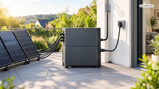 Marstek Venus D Anschlussplan: Ein dunkler Speicherturm aus zwei gestapelten Modulen steht auf einer Terrasse. Links führen vier Solarkabel zu den Eingängen, rechts gehen zwei getrennte Kabel ab — eines ins Haus, eines zu einer Steckdose am Gehäuse. Sinnbild, kein Produktfoto.