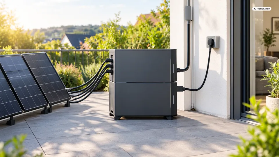 Marstek Venus D Anschlussplan: Ein dunkler Speicherturm aus zwei gestapelten Modulen steht auf einer Terrasse. Links führen vier Solarkabel zu den Eingängen, rechts gehen zwei getrennte Kabel ab — eines ins Haus, eines zu einer Steckdose am Gehäuse. Sinnbild, kein Produktfoto.