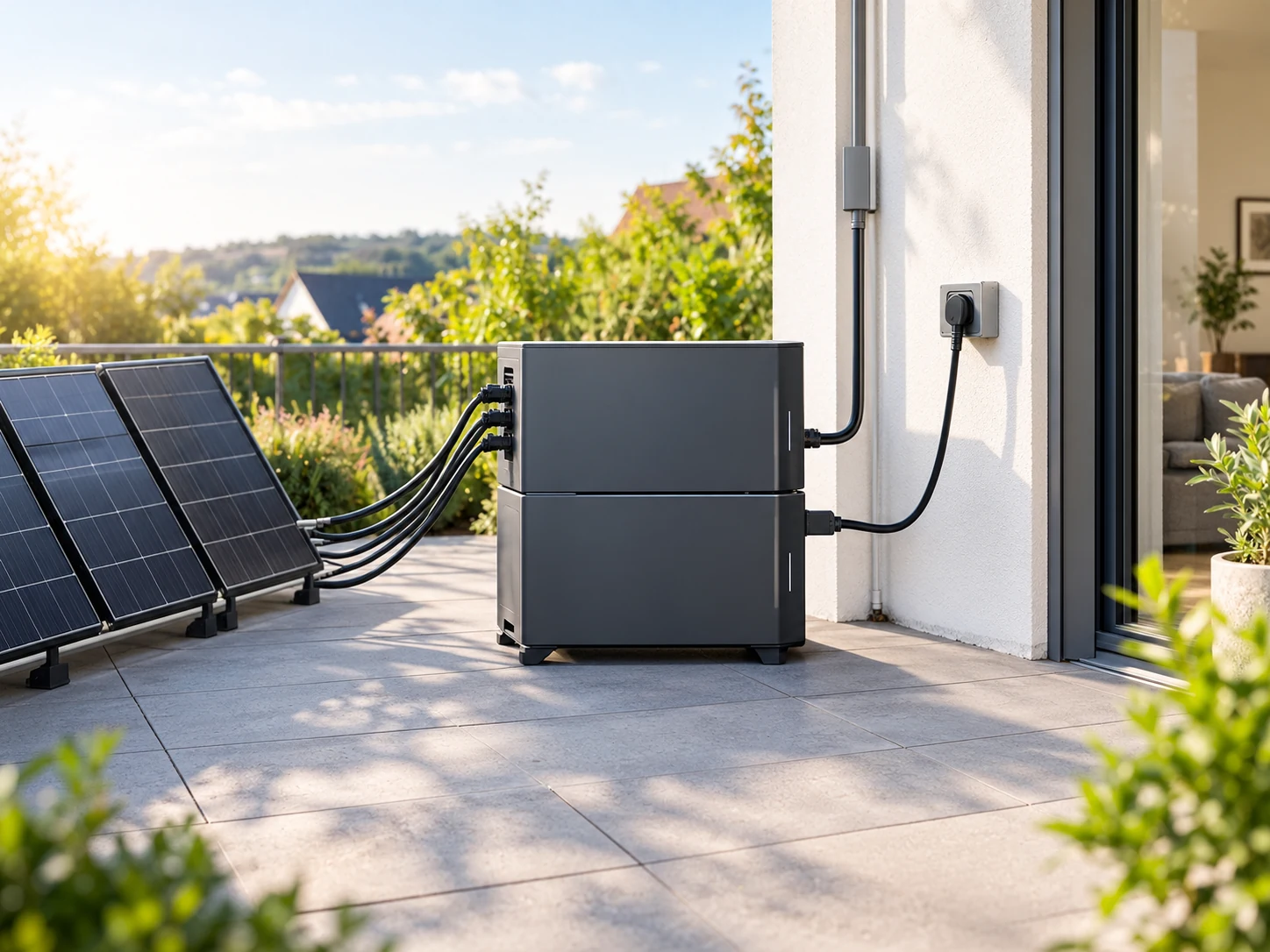 Marstek Venus D Anschlussplan: Ein dunkler Speicherturm aus zwei gestapelten Modulen steht auf einer Terrasse. Links führen vier Solarkabel zu den Eingängen, rechts gehen zwei getrennte Kabel ab — eines ins Haus, eines zu einer Steckdose am Gehäuse. Sinnbild, kein Produktfoto.