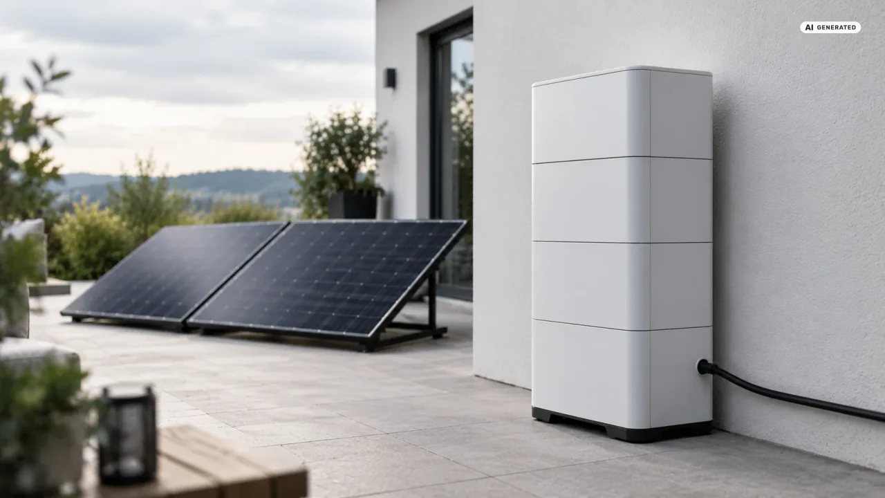 Marstek Venus D Test-Aufbau: ein weißer Balkonkraftwerk-Speicher aus vier gestapelten Modulen mit deutlich sichtbaren Fugen steht an einer hellen Hauswand auf einer Terrasse, links daneben zwei Solarmodule flach aufgeständert, unten rechts das Anschlusskabel.