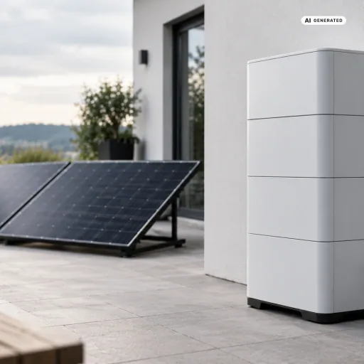 Marstek Venus D Test-Aufbau: ein weißer Balkonkraftwerk-Speicher aus vier gestapelten Modulen mit deutlich sichtbaren Fugen steht an einer hellen Hauswand auf einer Terrasse, links daneben zwei Solarmodule flach aufgeständert, unten rechts das Anschlusskabel.