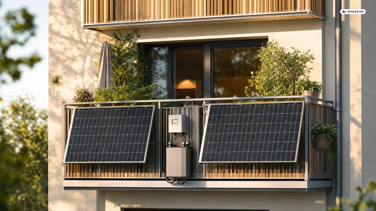 Zwei Solarmodule an unterschiedlichen Seiten eines Balkons, im Vordergrund der gemeinsame Zählerschrank — dürfen 2 Balkonkraftwerke an einem Zähler betrieben werden?