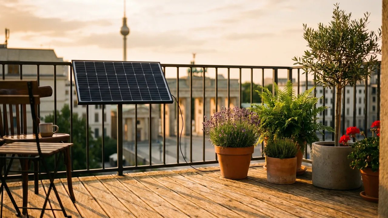 Moderner Balkon mit Solarmodul vor der Kulisse von Berlin — Balkonkraftwerk im Berlin.