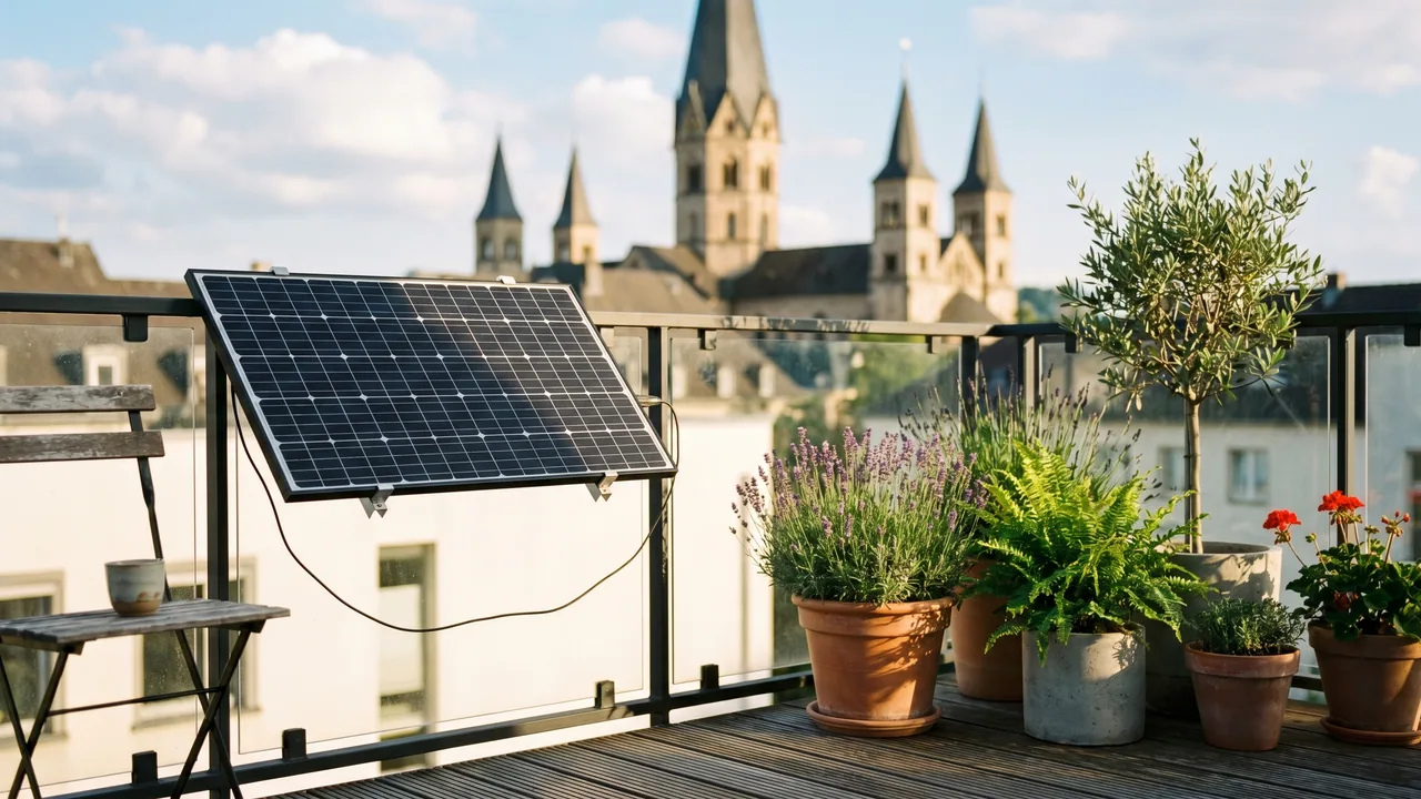 Moderner Balkon mit Solarmodul vor der Kulisse von Bonn — Balkonkraftwerk im Nordrhein-Westfalen.