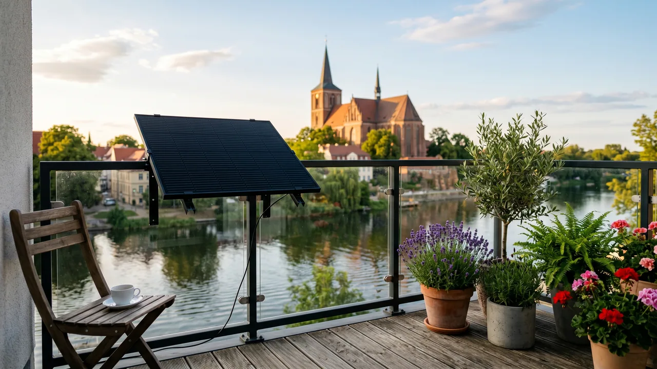 Moderner Balkon mit Solarmodul vor der Kulisse von Brandenburg an der Havel — Balkonkraftwerk im Brandenburg.
