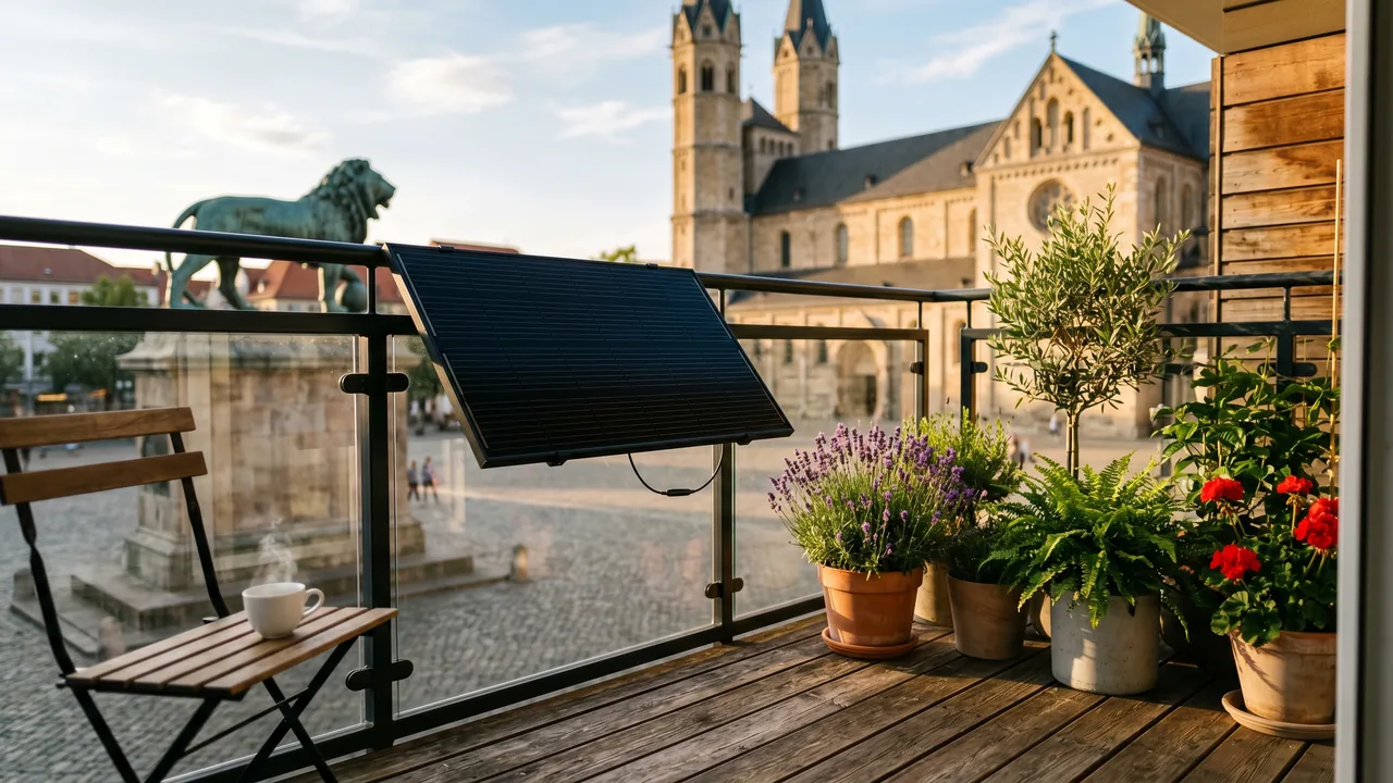 Moderner Balkon mit Solarmodul vor der Kulisse von Braunschweig — Balkonkraftwerk im Niedersachsen.