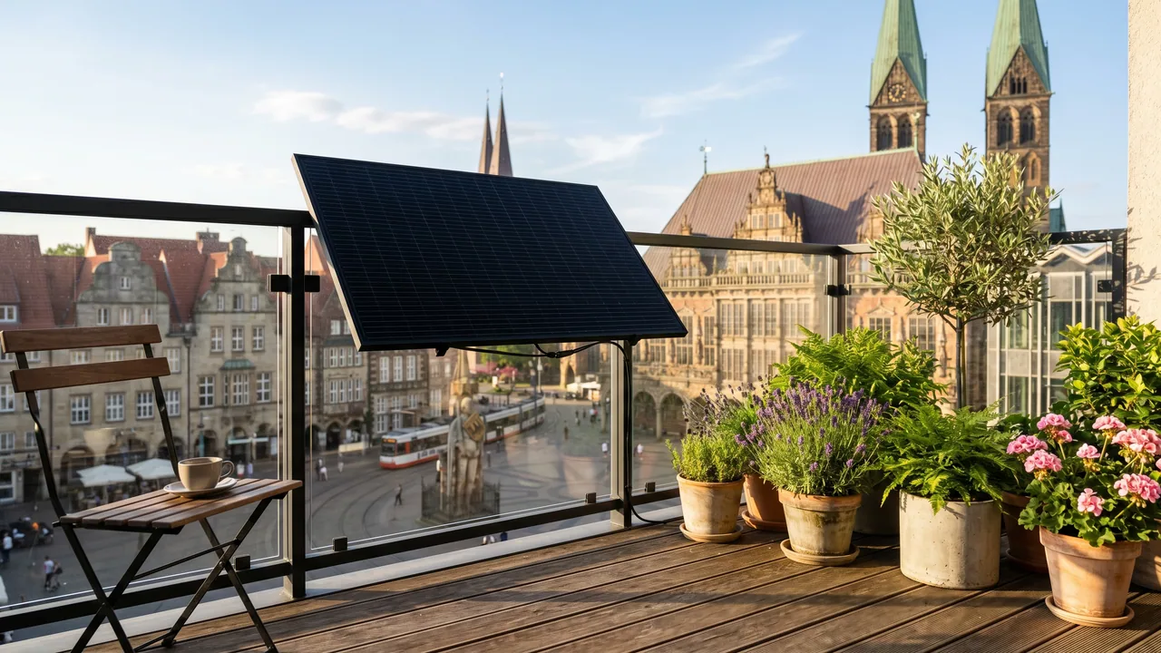 Moderner Balkon mit Solarmodul vor der Kulisse von Bremen — Balkonkraftwerk im Bremen.