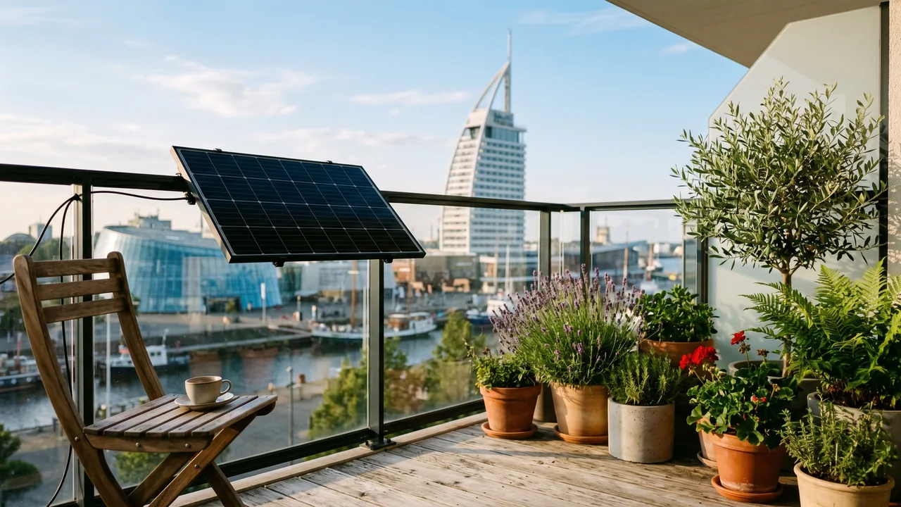 Moderner Balkon mit Solarmodul vor der Kulisse von Bremerhaven — Balkonkraftwerk im Bremen.