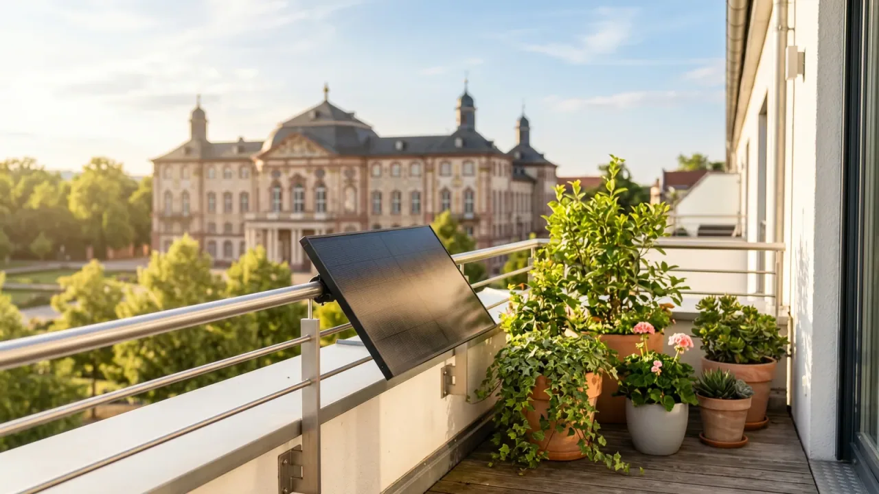 Moderner Balkon mit Solarmodul vor der Kulisse von Bruchsal — Balkonkraftwerk im Baden-Württemberg.
