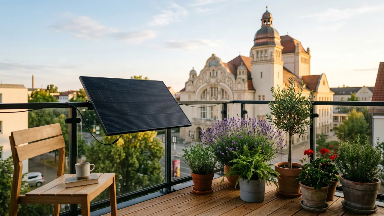 Moderner Balkon mit Solarmodul vor der Kulisse von Cottbus — Balkonkraftwerk im Brandenburg.