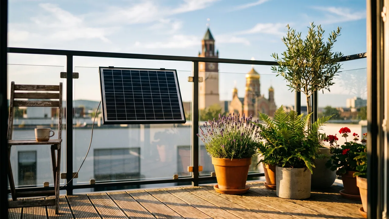 Moderner Balkon mit Solarmodul vor der Kulisse von Darmstadt — Balkonkraftwerk im Hessen.