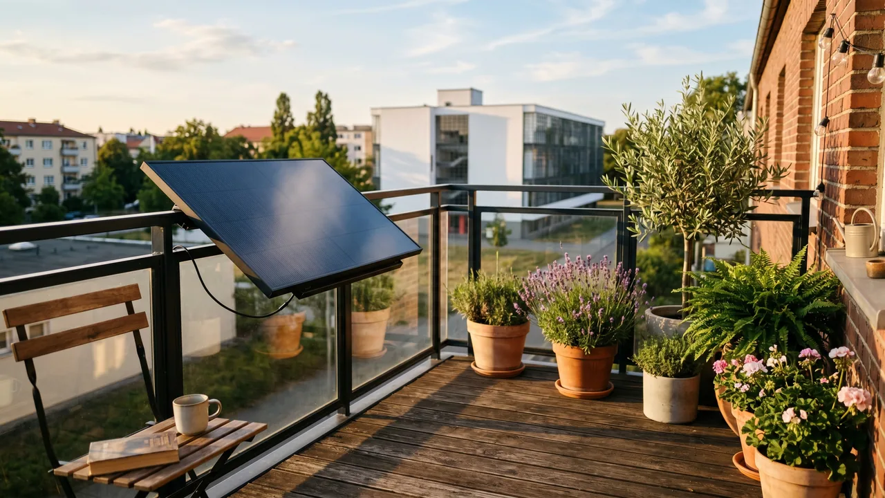 Moderner Balkon mit Solarmodul vor der Kulisse von Dessau-Roßlau — Balkonkraftwerk im Sachsen-Anhalt.