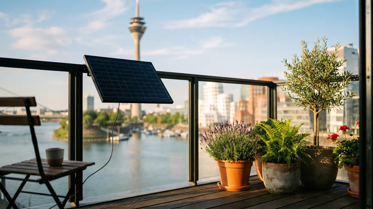 Moderner Balkon mit Solarmodul vor der Kulisse von Düsseldorf — Balkonkraftwerk im Nordrhein-Westfalen.