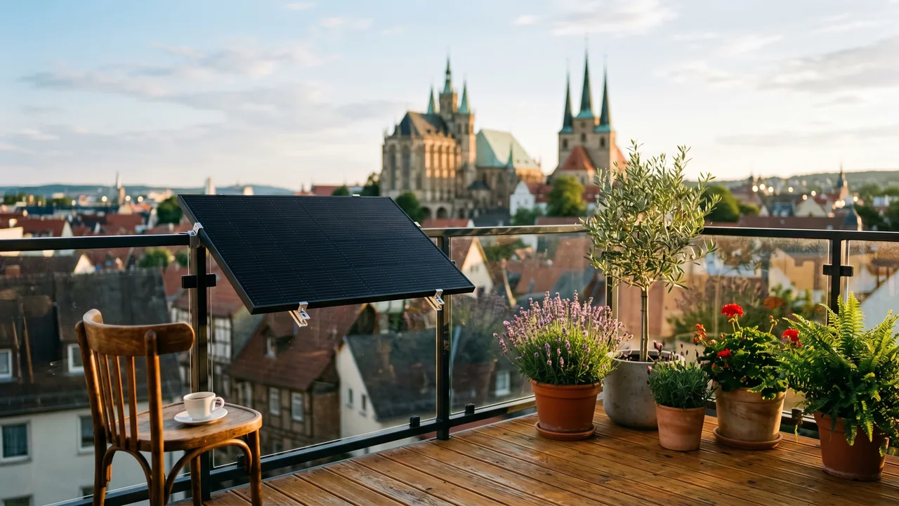 Moderner Balkon mit Solarmodul vor der Kulisse von Erfurt — Balkonkraftwerk im Thüringen.