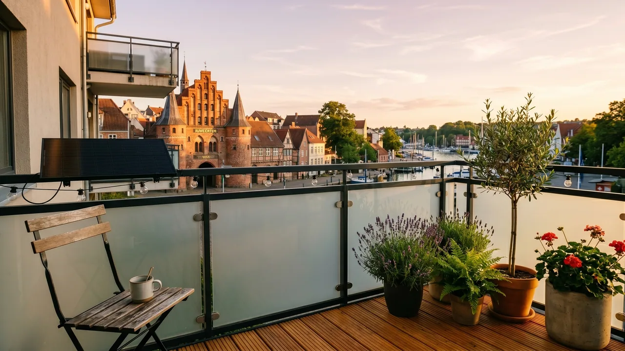 Moderner Balkon mit Solarmodul vor der Kulisse von Flensburg — Balkonkraftwerk im Schleswig-Holstein.