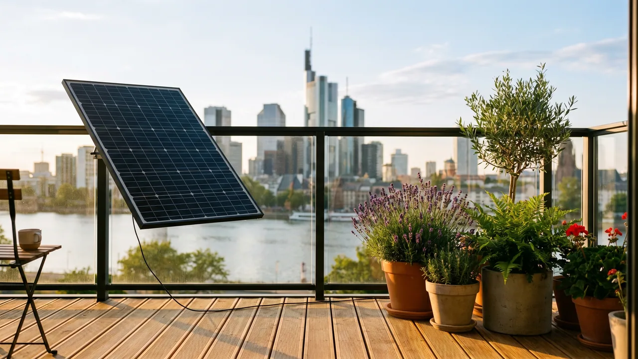 Moderner Balkon mit Solarmodul vor der Kulisse von Frankfurt am Main — Balkonkraftwerk im Hessen.