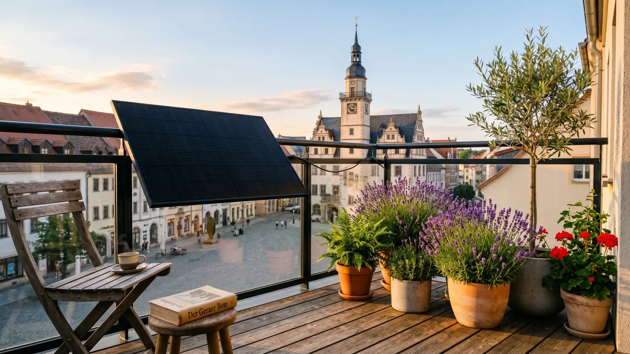 Moderner Balkon mit Solarmodul vor der Kulisse von Gera — Balkonkraftwerk im Thüringen.