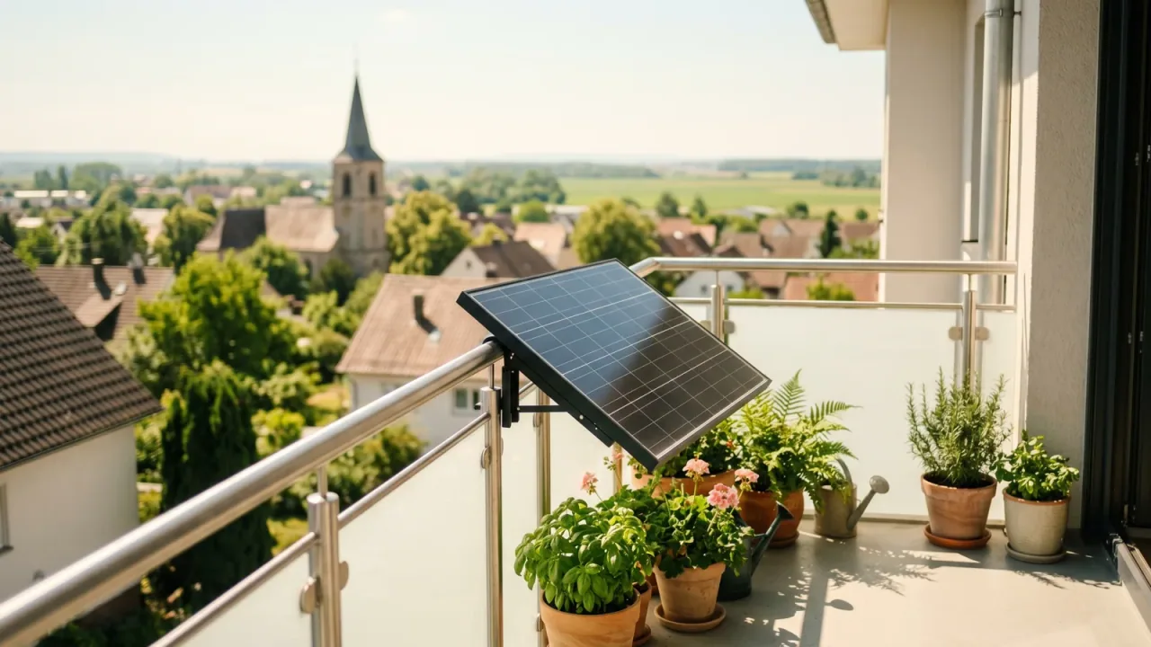 Moderner Balkon mit Solarmodul vor der Kulisse von Graben-Neudorf — Balkonkraftwerk im Baden-Württemberg.