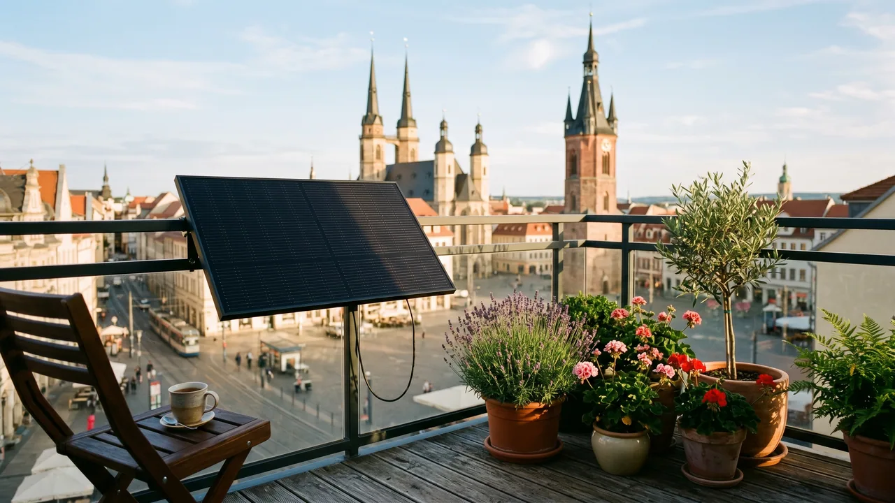 Moderner Balkon mit Solarmodul vor der Kulisse von Halle (Saale) — Balkonkraftwerk im Sachsen-Anhalt.