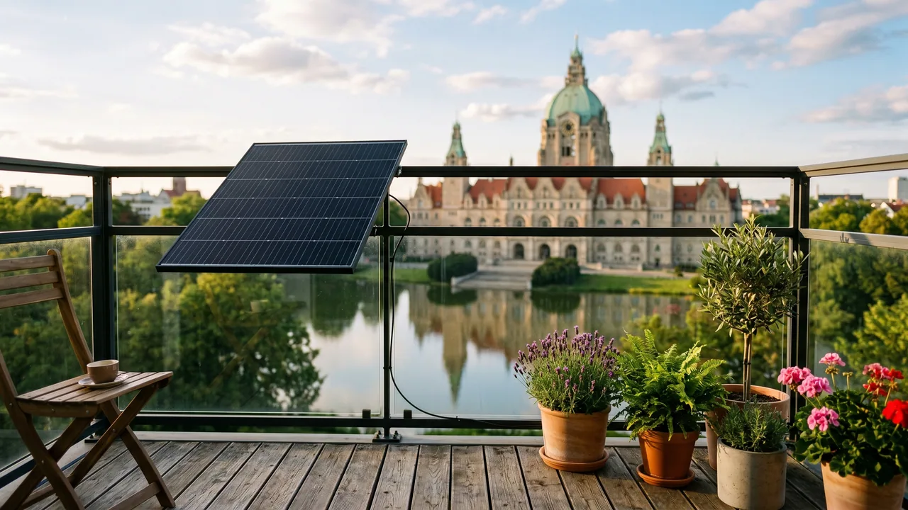 Moderner Balkon mit Solarmodul vor der Kulisse von Hannover — Balkonkraftwerk im Niedersachsen.