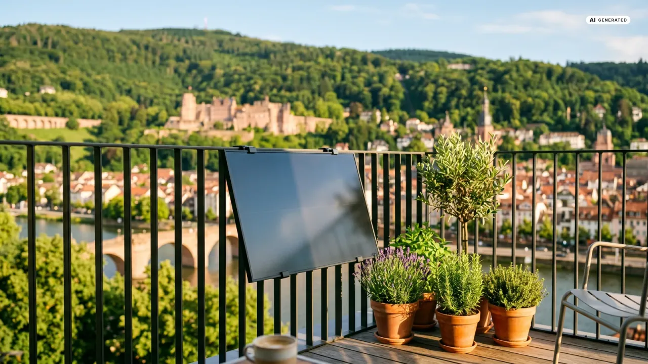 Moderner Balkon mit Solarmodul vor der Kulisse von Heidelberg — Balkonkraftwerk im Baden-Württemberg.