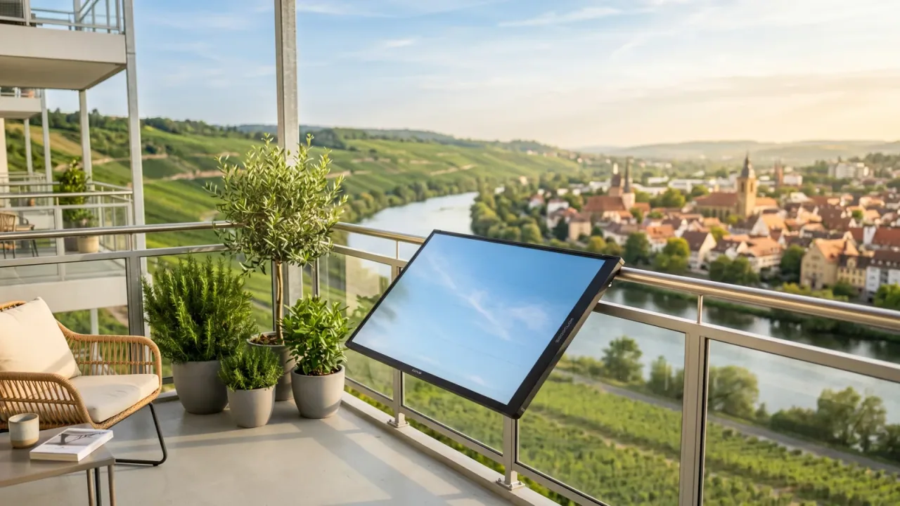 Moderner Balkon mit Solarmodul vor der Kulisse von Heilbronn — Balkonkraftwerk im Baden-Württemberg.