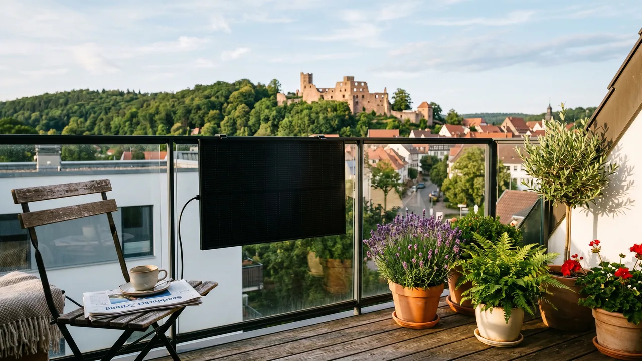 Moderner Balkon mit Solarmodul vor der Kulisse von Homburg — Balkonkraftwerk im Saarland.