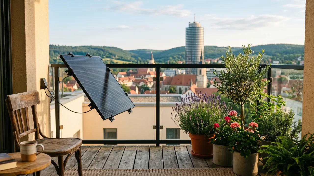 Moderner Balkon mit Solarmodul vor der Kulisse von Jena — Balkonkraftwerk im Thüringen.