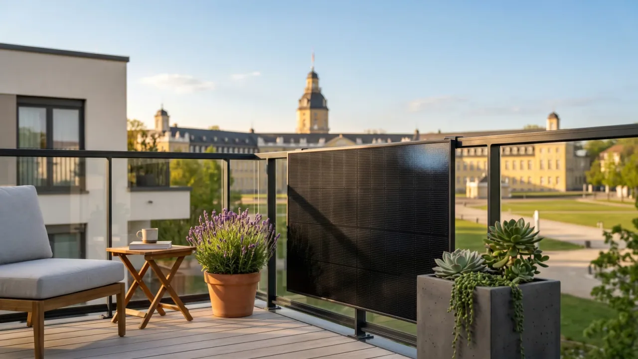 Moderner Balkon mit Solarmodul vor der Kulisse von Karlsruhe — Balkonkraftwerk im Baden-Württemberg.