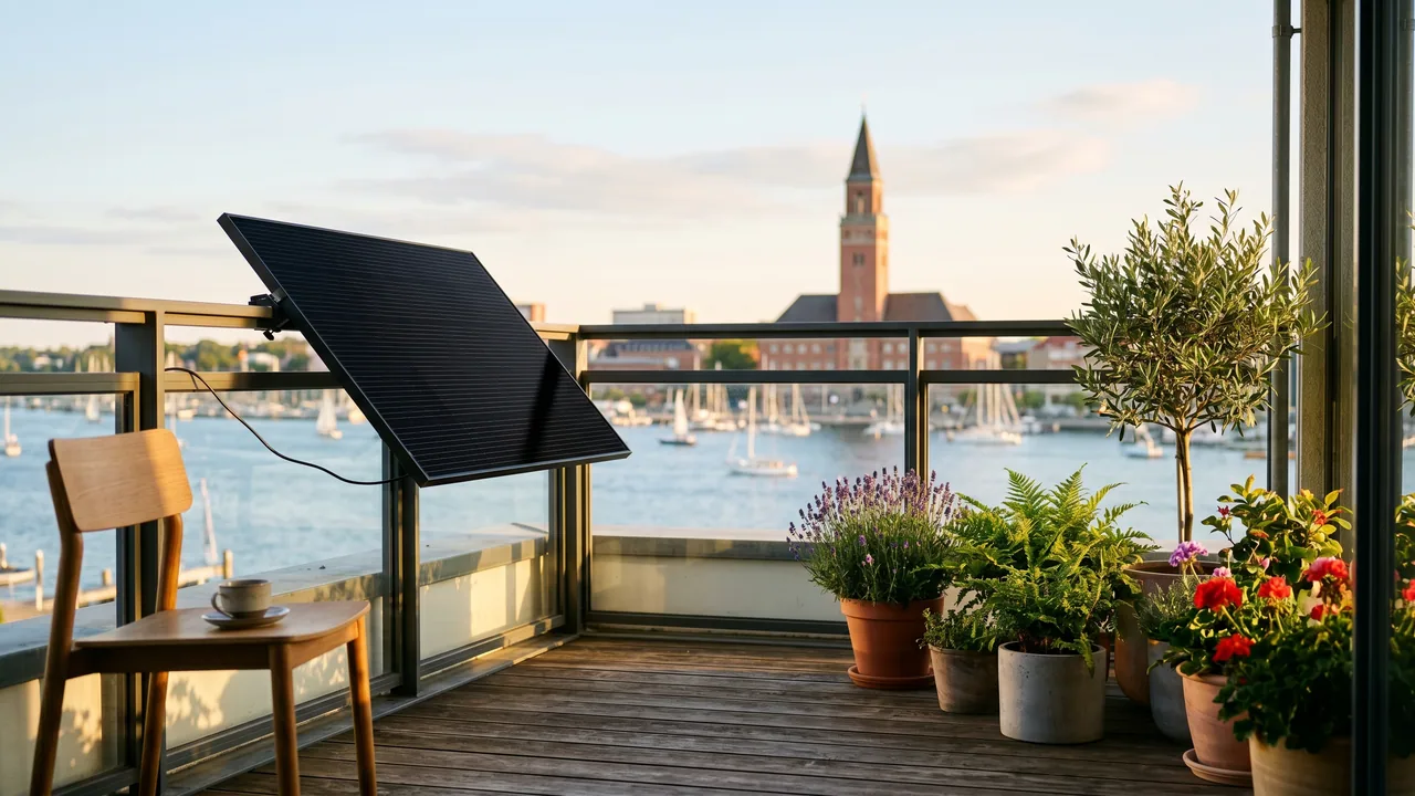 Moderner Balkon mit Solarmodul vor der Kulisse von Kiel — Balkonkraftwerk im Schleswig-Holstein.