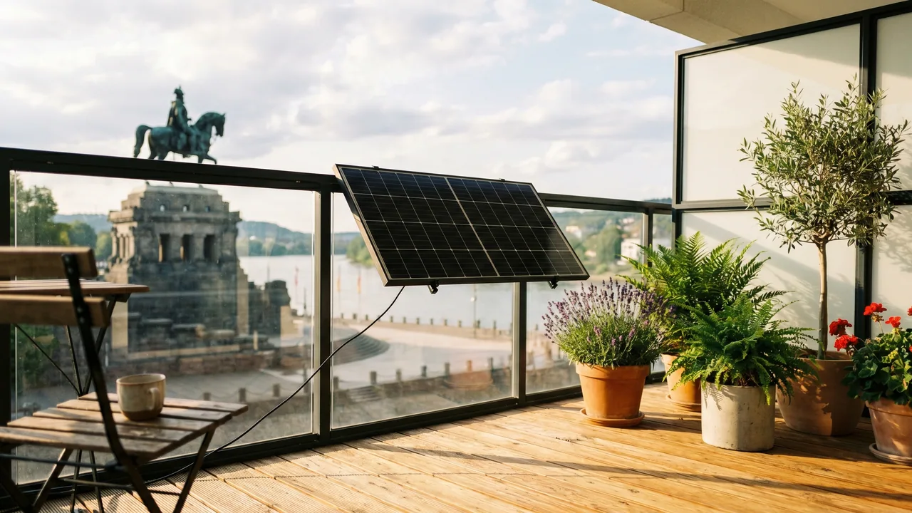 Moderner Balkon mit Solarmodul vor der Kulisse von Koblenz — Balkonkraftwerk im Rheinland-Pfalz.