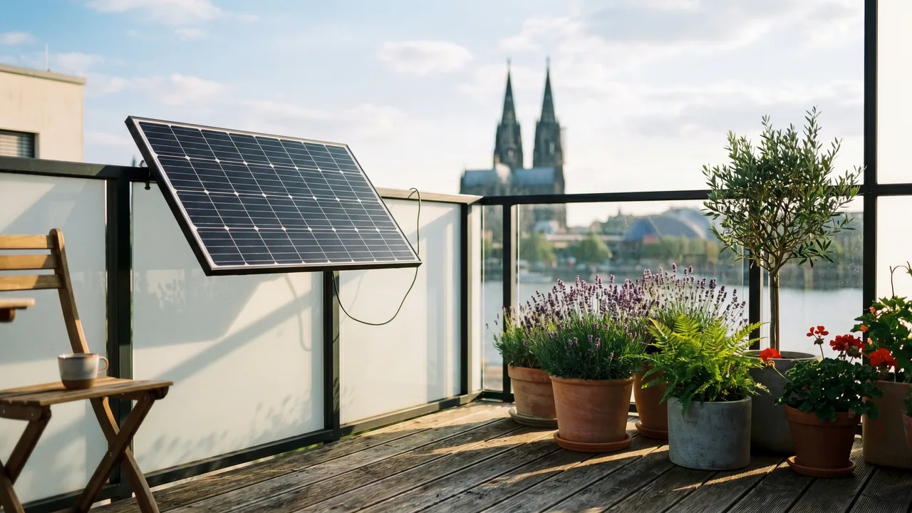 Moderner Balkon mit Solarmodul vor der Kulisse von Köln — Balkonkraftwerk im Nordrhein-Westfalen.