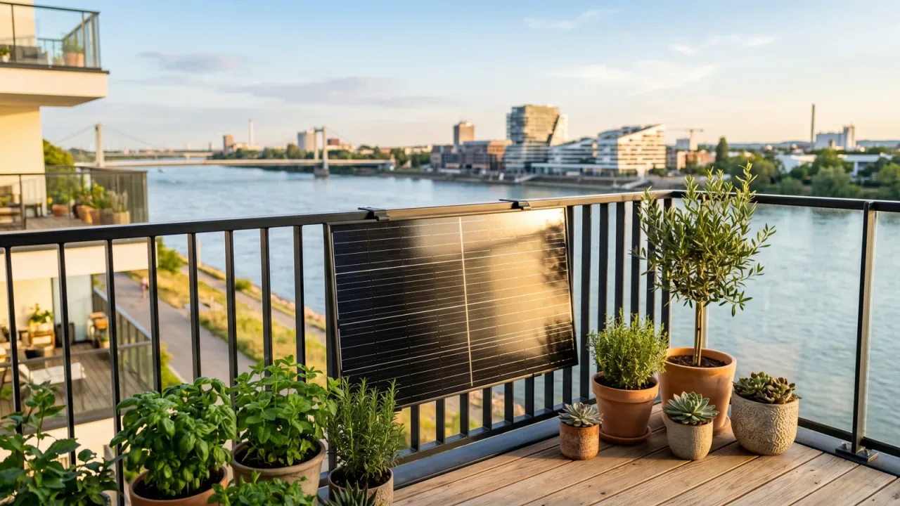 Moderner Balkon mit Solarmodul vor der Kulisse von Ludwigshafen — Balkonkraftwerk im Rheinland-Pfalz.