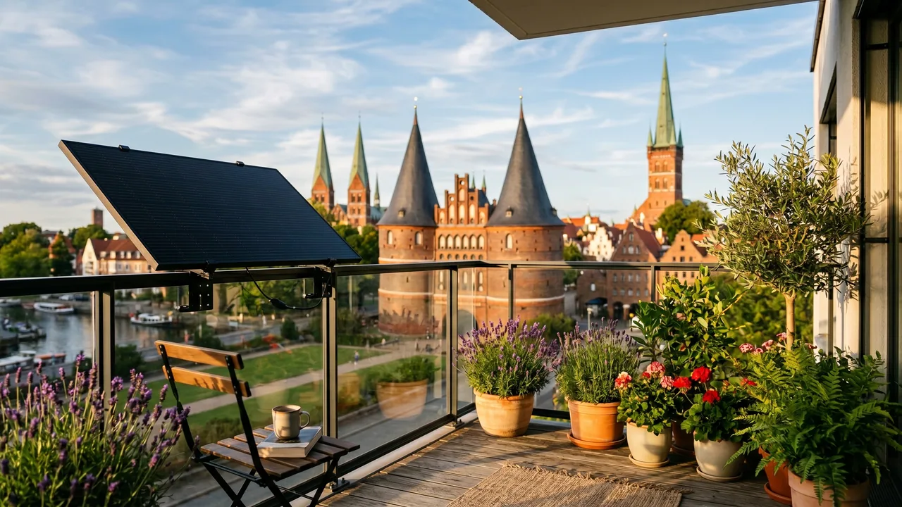 Moderner Balkon mit Solarmodul vor der Kulisse von Lübeck — Balkonkraftwerk im Schleswig-Holstein.