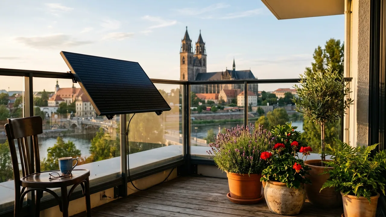 Moderner Balkon mit Solarmodul vor der Kulisse von Magdeburg — Balkonkraftwerk im Sachsen-Anhalt.