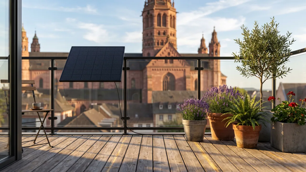 Moderner Balkon mit Solarmodul vor der Kulisse von Mainz — Balkonkraftwerk im Rheinland-Pfalz.
