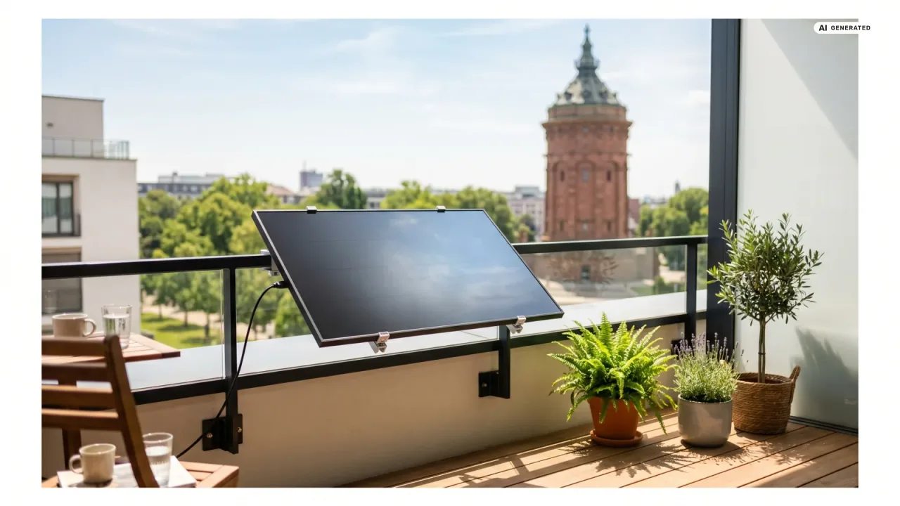 Moderner Balkon mit Solarmodul vor der Kulisse von Mannheim — Balkonkraftwerk im Baden-Württemberg.
