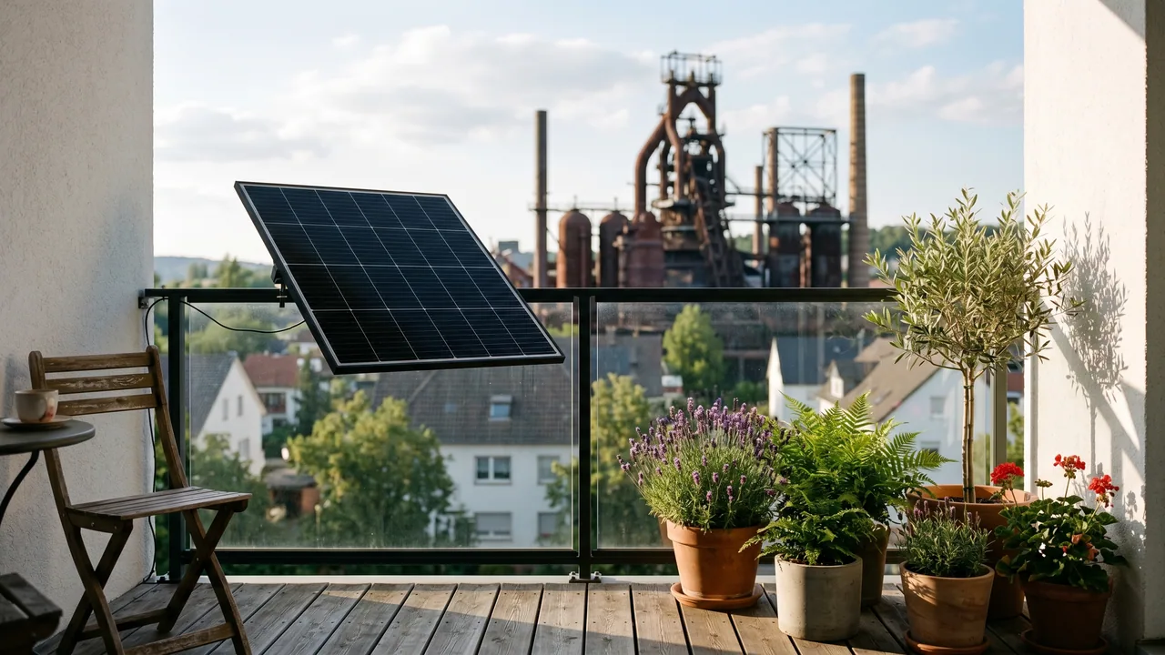 Moderner Balkon mit Solarmodul vor der Kulisse von Neunkirchen — Balkonkraftwerk im Saarland.
