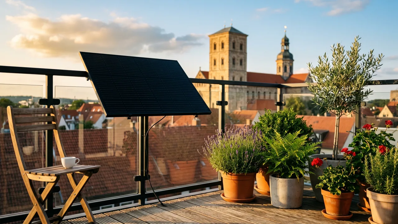 Moderner Balkon mit Solarmodul vor der Kulisse von Osnabrück — Balkonkraftwerk im Niedersachsen.
