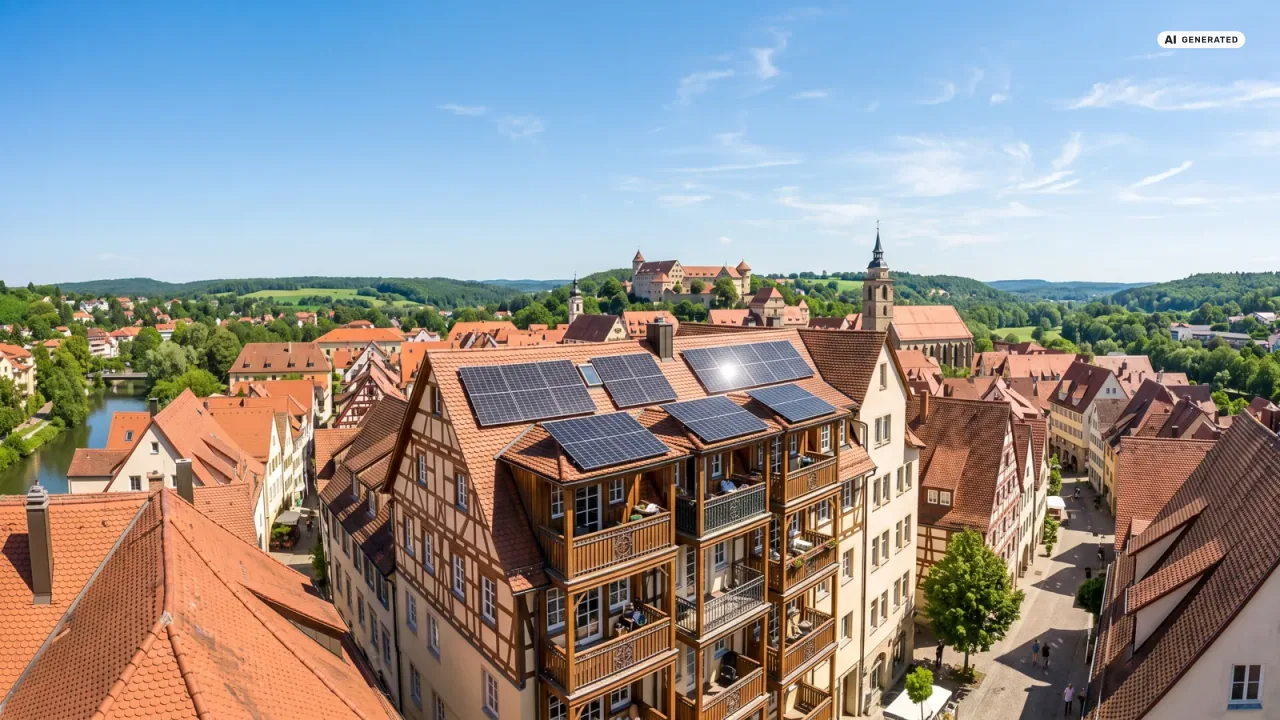Blick über die Dächer einer deutschen Kleinstadt mit Fachwerkhäusern: auf einem Mehrfamilienhaus mit Balkonen liegen Solarmodule in der Mittagssonne.