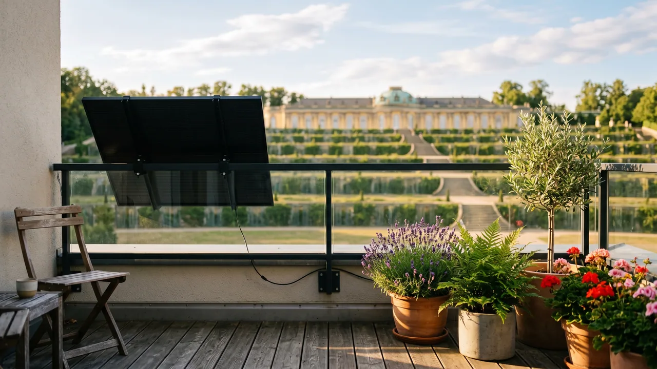 Moderner Balkon mit Solarmodul vor der Kulisse von Potsdam — Balkonkraftwerk im Brandenburg.