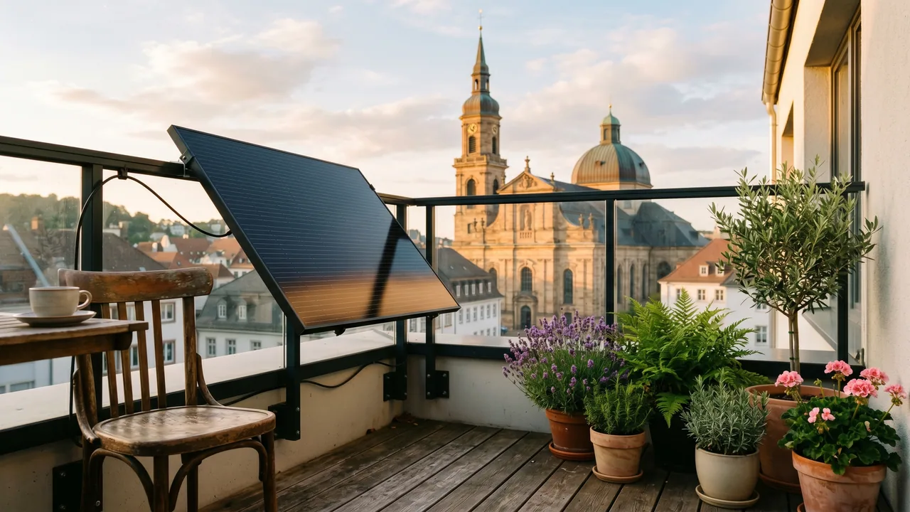 Moderner Balkon mit Solarmodul vor der Kulisse von Saarbrücken — Balkonkraftwerk im Saarland.